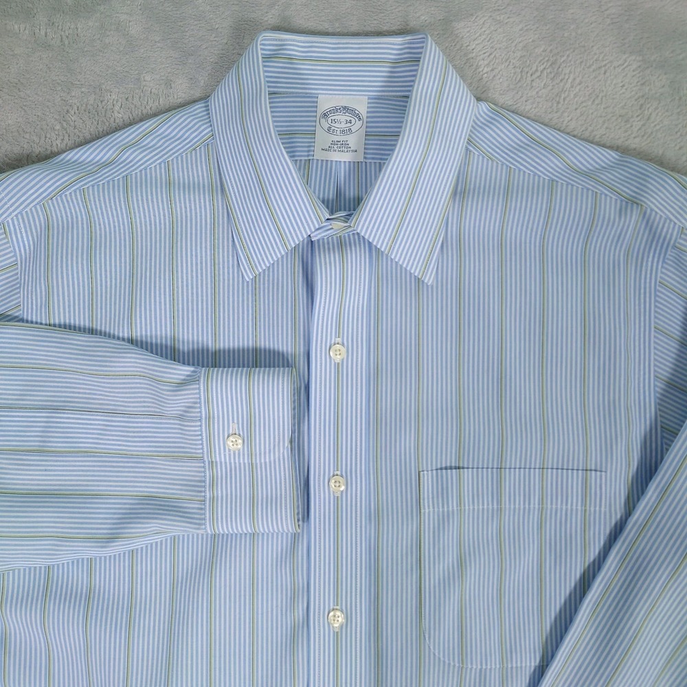 Brooks Brothers 1818 Slim Fit Dress Shirt Mens 15.5 34 Blue Striped Non-Iron